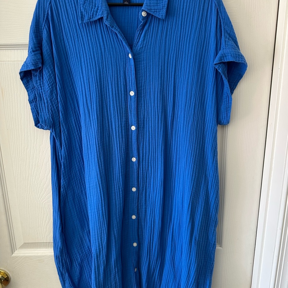 Button-Front Textured Blue Shirt Dress